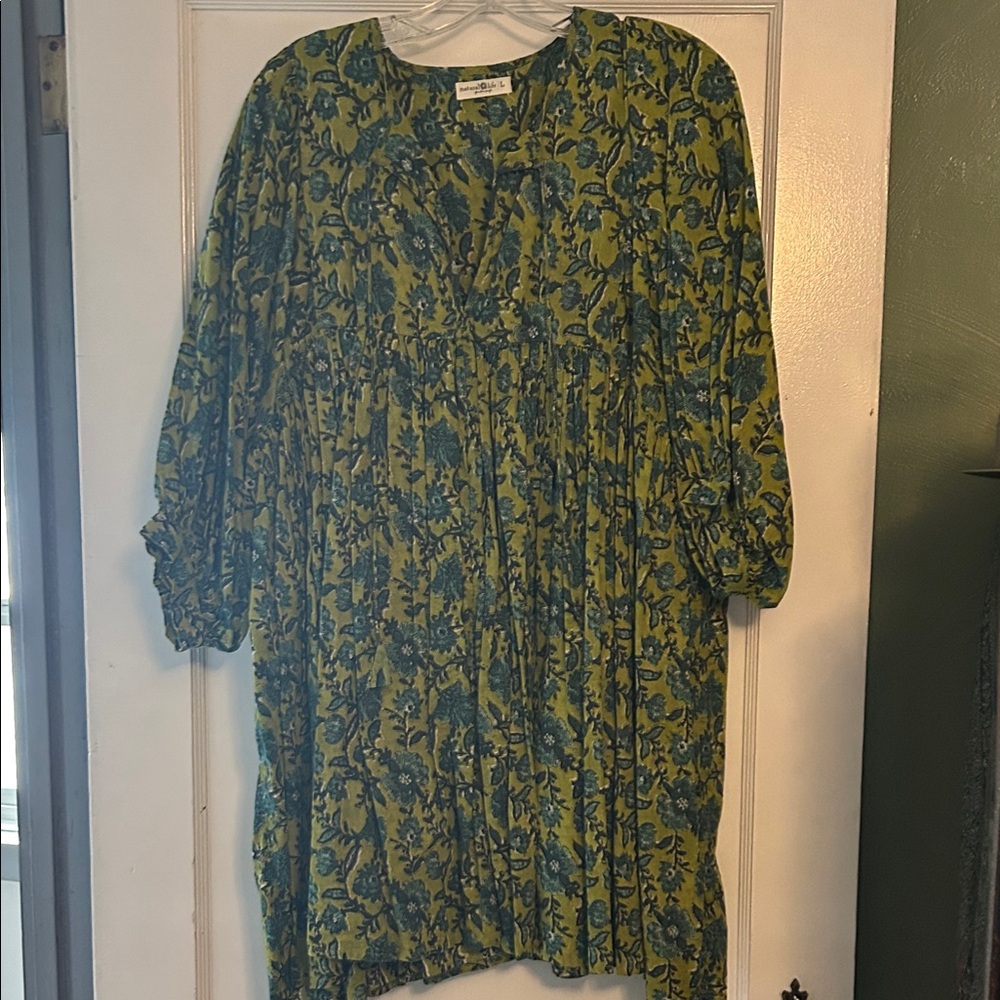 NATURAL LIFE Olive Green and Teal Floral Long Sleeve Dress